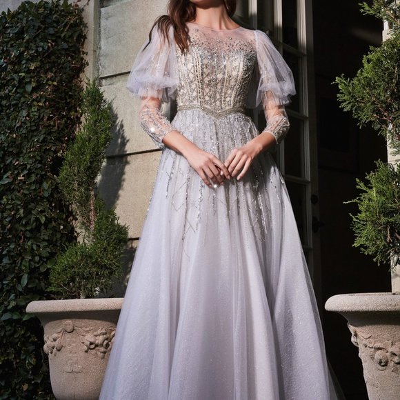 SILVER BEADED PROM PARTY WEDDING EVENING FORMAL A-LINE PUFF SLEEVE GOWN CD707 - Picture 7 of 7